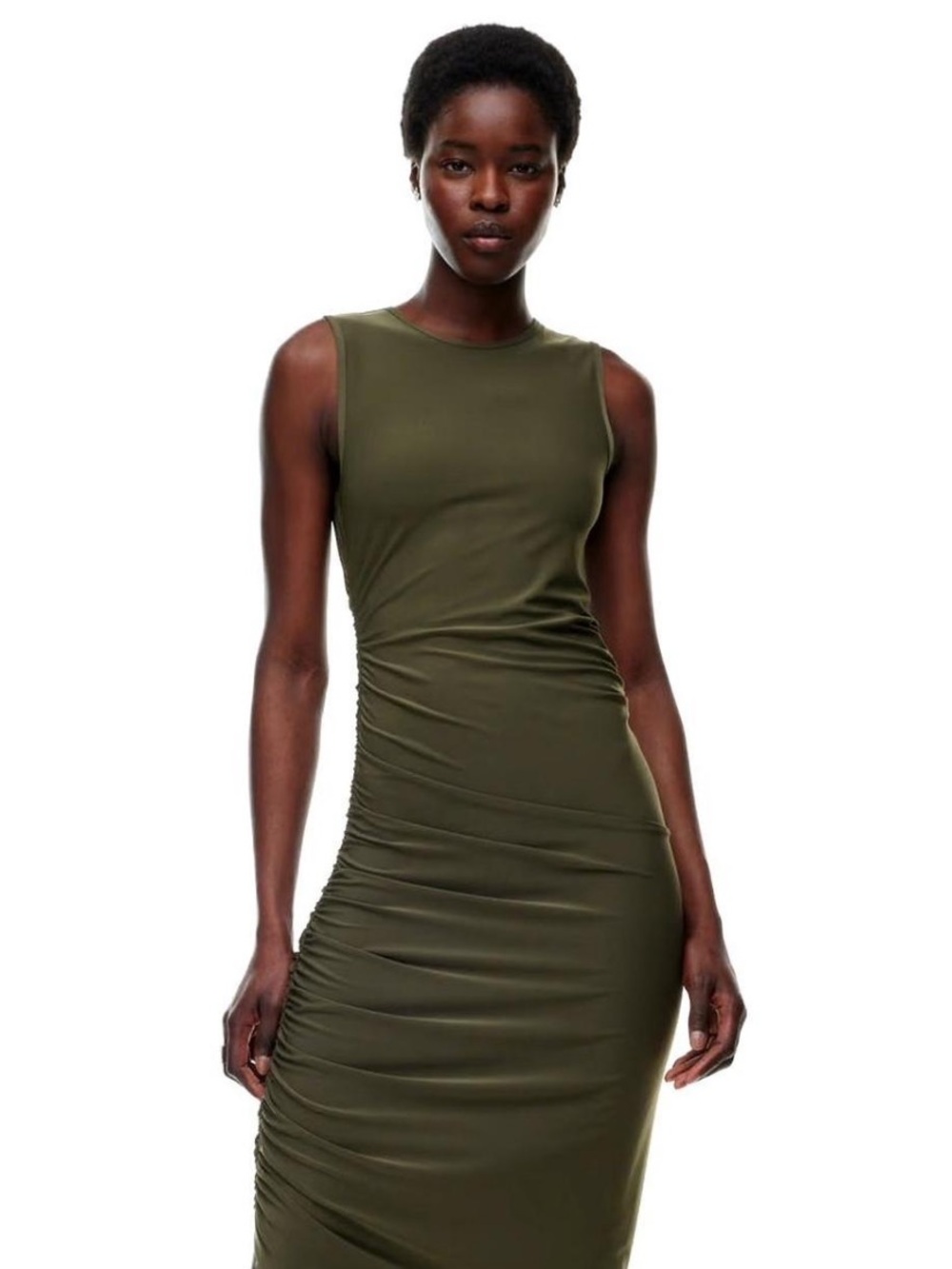NWT Wilfred Smooth Matter Eavesdrop Dress Aritzia Dark Olive Ruched Midi L